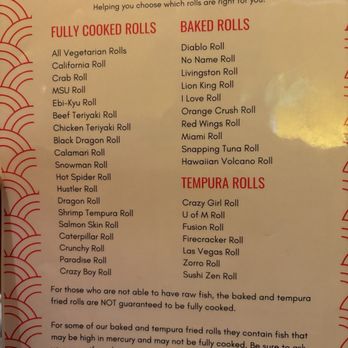 Sushi Zen - Menu selection for different types of sushi rolls - Sushi Bars Near Me - Brighton, Michigan