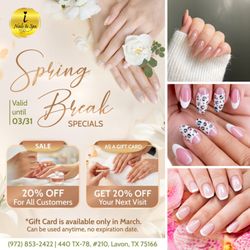 Inails & Spa - SPRING BREAK SPECIALS - LIMITED-TIME DEALS!
20% OFF for All Customers
Get 20% OFF your next visit - As A Gift Card