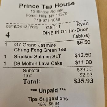 Prince Tea House - My sales receipt, August 19, 2024 - Desserts Near Me - Forest Hills, New York Prince Tea House - My sales receipt, August 19, 2024 - Desserts Near Me - Forest Hills, New York