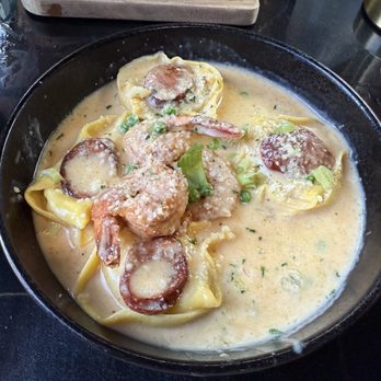 Soul 2 Soul - Mama's Fonduta Tortellacci - tortellacci pasta stuffed with cheese, topped with shrimp, Andouille sausage, and Cajun Creole cream sauce. - Soul Food Near Me - St. Louis, Missouri