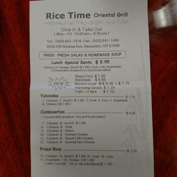 Rice Time Oriental Grill - Front side of to go menu - Japanese Near Me - Beaverton, Oregon