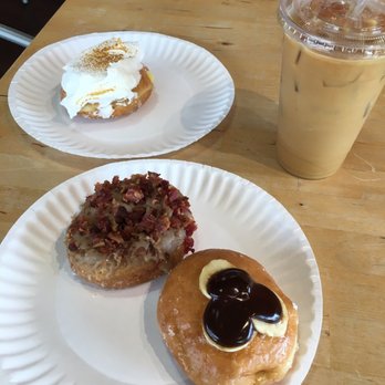 Dutch Monkey Doughnuts - Amazing! Maple bacon, Dutch monkey, and lemon meringue with iced coffee - Donuts Near Me - Cumming, Georgia