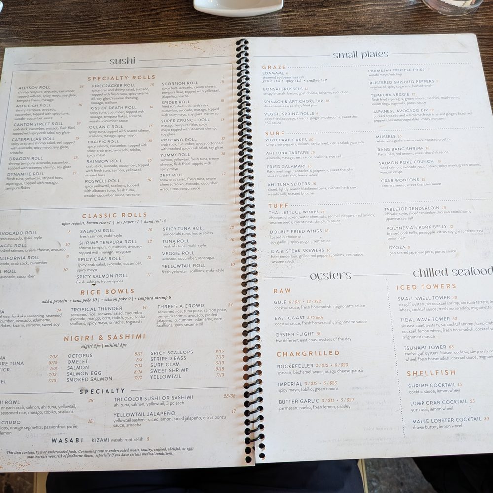 Zest - Menu, picture 3 of 4. Sushi, small plates, oysters, chilled seafood. - Sushi Bars Near Me - Roswell, Georgia Zest - Menu, picture 3 of 4. Sushi, small plates, oysters, chilled seafood. - Sushi Bars Near Me - Roswell, Georgia
