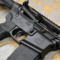 Engage Armament - Close up of Engage Armament E4 Rifle, upper/lower/rail, logo side.