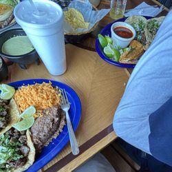 El Chilaquil - Taco dinner de asada, three tacos de asada and a quesabirria, horchata