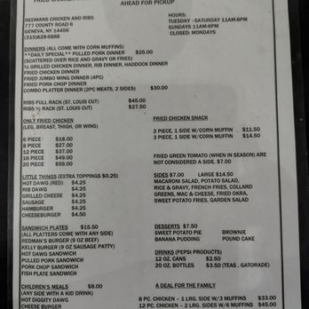 Redman's Chicken n' Ribs - Menu as of 10/21/26. - Southern Near Me - Geneva, New York