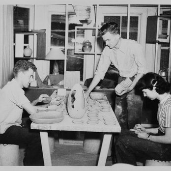 Peter Pots Pottery - Oliver Greene (center) and other RISD students crafting early Peter Pots pottery. Early partner Mary Ryan is at right (c. 1948). - Tableware Near Me - West Kingston, Rhode Island Peter Pots Pottery - Oliver Greene (center) and other RISD students crafting early Peter Pots pottery. Early partner Mary Ryan is at right (c. 1948). - Tableware Near Me - West Kingston, Rhode Island