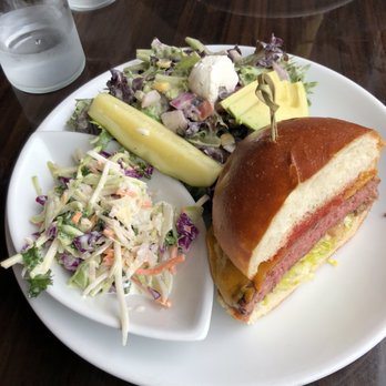 Chef's Bistro - Black bean and corn salad and bistro burger with side of coleslaw and homemade pickle! SO GOOD! - American Near Me - North Conway, New Hampshire Chef's Bistro - Black bean and corn salad and bistro burger with side of coleslaw and homemade pickle! SO GOOD! - American Near Me - North Conway, New Hampshire