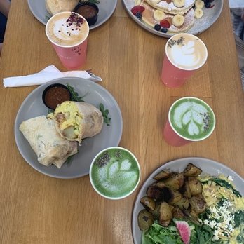 Everyday Eatery - Spinach and Feta Omelette, Breakfast burrito (2), and lemon Ricotta Hotcakes. - Cafes Near Me - Irvine, California