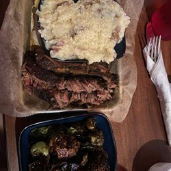 Smoke On The Water BBQ & Catering - The One Timer with garlic mashed potatoes and maple brussel sprouts