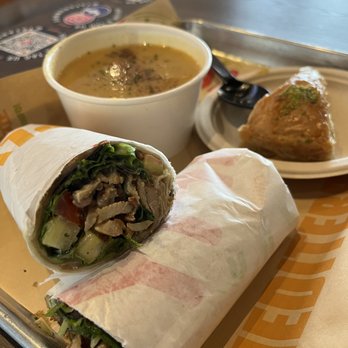 Yafa Hummus - Chicken shawarma wrap, lentil soup, and pistachio baklava. - Mediterranean Near Me - Tracy, California Yafa Hummus - Chicken shawarma wrap, lentil soup, and pistachio baklava. - Mediterranean Near Me - Tracy, California