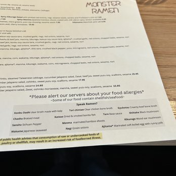 Monster Ramen - Food allergies on menu - Ramen Near Me - Chicago, Illinois
