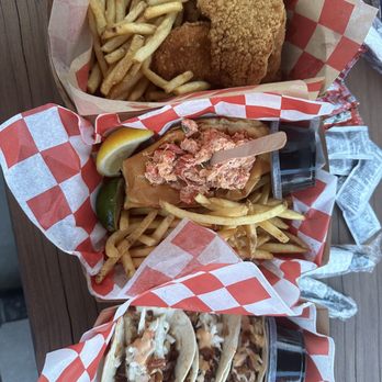 Lazy Lobster - Top to bottom: fish n chips, spicy lobster roll, chicken Baja tacos - Seafood Near Me - East Rockaway, New York