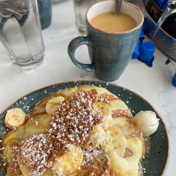 Honey Berry - Banana Coconut Cream Pie Pancakes with coffee! - Pancakes Near Me - Hoffman Estates, Illinois Honey Berry - Banana Coconut Cream Pie Pancakes with coffee! - Pancakes Near Me - Hoffman Estates, Illinois
