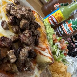 Medusa's - Plate with chicken tamale and chile relleno with diced asada on top