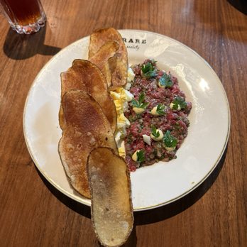 Rare Society - Beef Tartare : cornichon, egg, parsley, truffle mayonnaise, salt + vinegar chips - Steakhouses Near Me - Solana Beach, California Rare Society - Beef Tartare : cornichon, egg, parsley, truffle mayonnaise, salt + vinegar chips - Steakhouses Near Me - Solana Beach, California