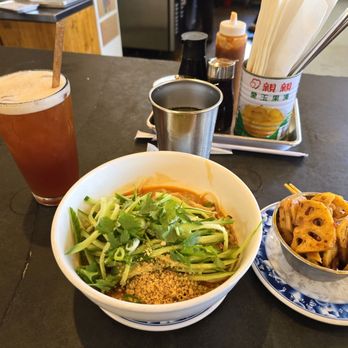 Joy - Dan Dan Noodle with Shaken Tea and a cold salad (Lotus Root) - Taiwanese Near Me - Los Angeles, California