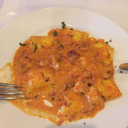 Cheese Ravioli with Vodka sauce, bacon and shrimps. Wow !! Amazing