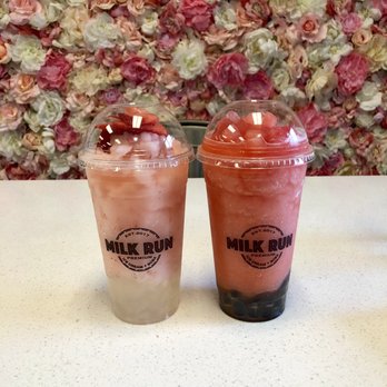 Milk Run - Large pink lychee slushie with lychee jelly, large watermelon slushie with boba - Coffee & Tea Near Me - Phoenix, Arizona