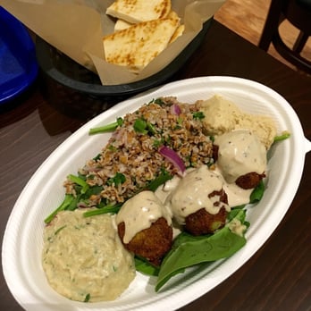 Freska Mediterranean Grill - Vegetarian Feast. Baba ghanoush, hummus, falafel x 3 with tahini, tabouleh, spinach and pita. - Mediterranean Near Me - Middleton, Wisconsin Freska Mediterranean Grill - Vegetarian Feast. Baba ghanoush, hummus, falafel x 3 with tahini, tabouleh, spinach and pita. - Mediterranean Near Me - Middleton, Wisconsin