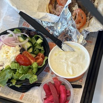 Stephano's Greek & Mediterranean Grill - Small Original Greek Salad (No Protein), Tahini Sauce, Beef Gyro Wrap, & side of turnips - Mediterranean Near Me - Las Vegas, Nevada