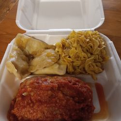 Lviv European Kitchen Pierogies Restaurant Catering - Giant stuffed cabbage, buttered noodles, and homemade potato and cheese pierogies with sauteed onions in butter.