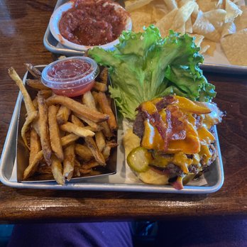 Grazing Here - Chips and Salsa Cheater Burger with fries - Bars Near Me - Peachtree City, Georgia