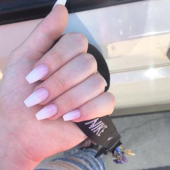 Passion Nails - Pink and white ombré acrylic set with coffin shape - Nail Salons Near Me - Simi Valley, California