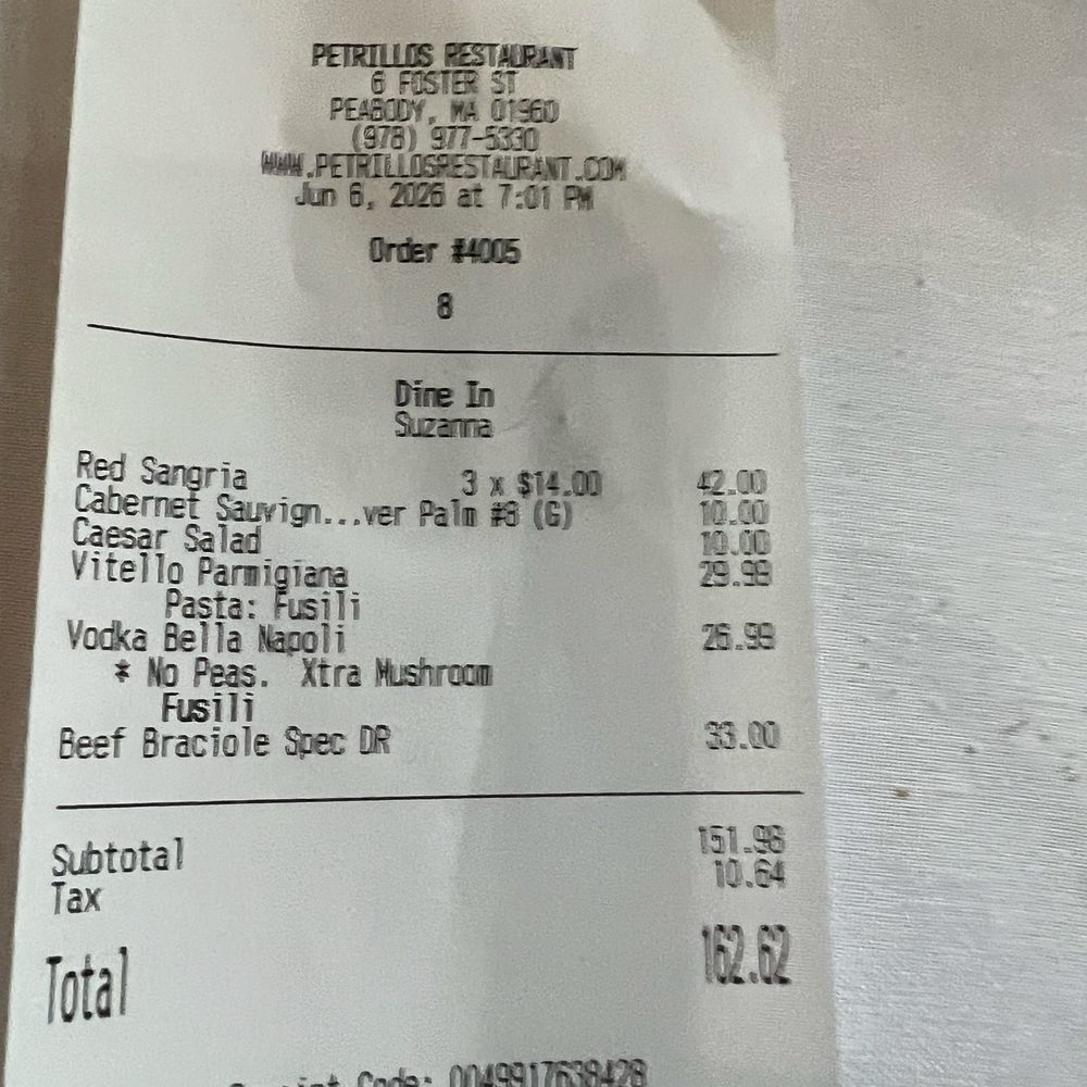 Petrillo's Italian Kitchen - Bill for dinner before tip. - Italian Near Me - Peabody, Massachusetts Petrillo's Italian Kitchen - Bill for dinner before tip. - Italian Near Me - Peabody, Massachusetts