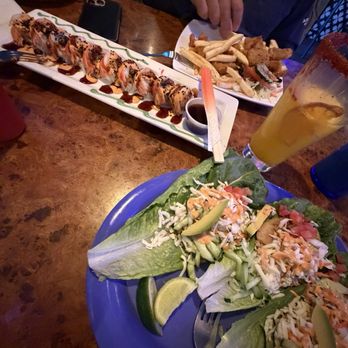 The King Shark - Fish lettuce wraps, sushi and fried shrimp with fries. Mango margarita - Seafood Near Me - Pecos, Texas The King Shark - Fish lettuce wraps, sushi and fried shrimp with fries. Mango margarita - Seafood Near Me - Pecos, Texas