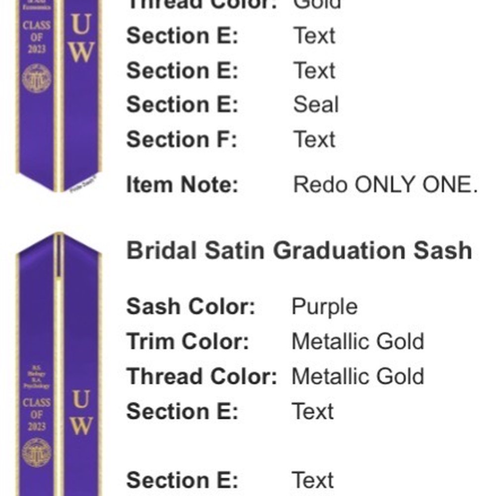 What I had ordered -- The top is the econ sash with purple and gold and the bottom is bio/psych in purple and metallic gold. What I had ordered -- The top is the econ sash with purple and gold and the bottom is bio/psych in purple and metallic gold.