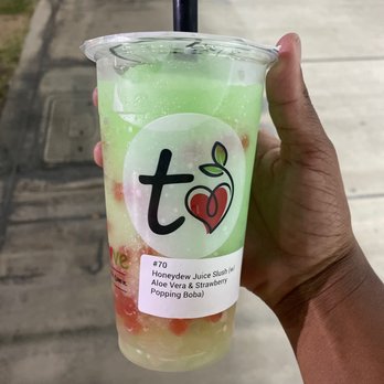 TeaLove Fontana - Honeydew Juice Slush (w/ aloe vera & strawberry popping boba) - Bubble Tea Near Me - Fontana, California TeaLove Fontana - Honeydew Juice Slush (w/ aloe vera & strawberry popping boba) - Bubble Tea Near Me - Fontana, California