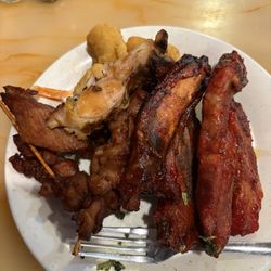 Cavity ribs, cold smoked pork, chicken on a stick wasn't awful, chicken nuggets.