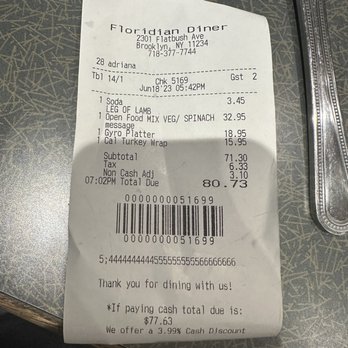 Floridian Plaza Diner - Beware of the credit card service fee if you're not using a credit card - Diners Near Me - Brooklyn, New York