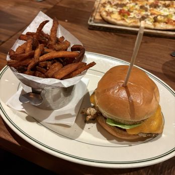 Village Tavern - Chicken sandwich with sweet potato fries - New American Near Me - Raleigh, North Carolina Village Tavern - Chicken sandwich with sweet potato fries - New American Near Me - Raleigh, North Carolina