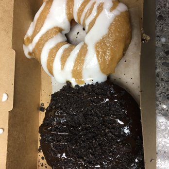 Duck Donuts - A very chocolatey donut, and a pumpkin pie donut - Donuts Near Me - Rockville, Maryland Duck Donuts - A very chocolatey donut, and a pumpkin pie donut - Donuts Near Me - Rockville, Maryland