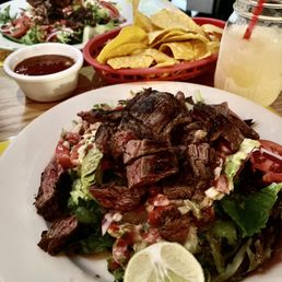 Steak salad  Chips and salsa  Mango margarita