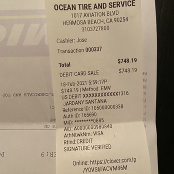 Ocean Tire - amount I paid for the service - Tires Near Me - Hermosa Beach, California Ocean Tire - amount I paid for the service - Tires Near Me - Hermosa Beach, California