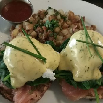 Blu Jam Cafe - Norwegian Eggs Benedict (salmon)  Potatoes are very tasty too. - Breakfast & Brunch Near Me - Sherman Oaks, California