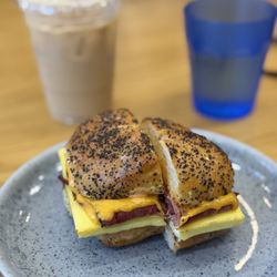 Prequel Cafe - Breakfast sandwich and iced coffee