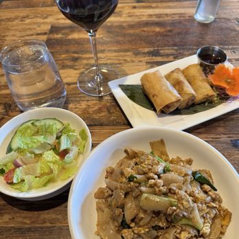 Nittaya's Little Kitchen - House salad, drunken noodles chicken , fried egg rolls, red wine - Thai Near Me - Las Vegas, Nevada