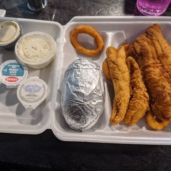 Sanibel's - "Small" fried combination platter with flounder, perch, and a baked potato. - Seafood Near Me - High Point, North Carolina