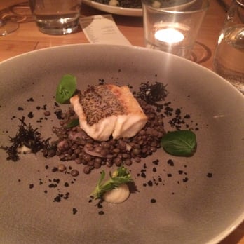 Seasons Restaurant & Bar - Hake on a bed of scandi lentils with black olive dust, Spring beauty, purslane & samphire with a cauliflower purée - Bars Near Me - Edinburgh, EDH
