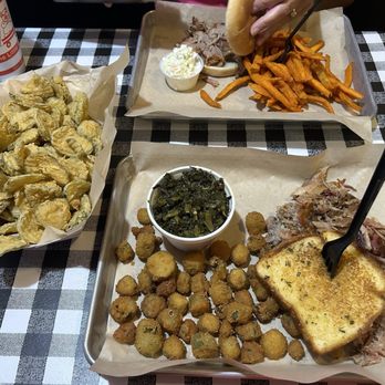 The Little Dooey - Fried pickles, pulled pork plate, greens, fried okra, sweet potato fries - Barbeque Near Me - Starkville, Mississippi The Little Dooey - Fried pickles, pulled pork plate, greens, fried okra, sweet potato fries - Barbeque Near Me - Starkville, Mississippi
