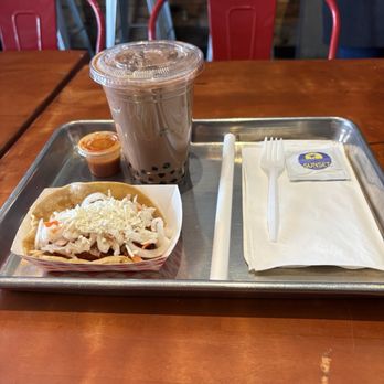 Kimchi Grill - My tray: Kimchi Korean Fried Chicken Taco, Milk Bubble Tea with boba - Korean Near Me - Brooklyn, New York