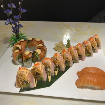 Oishii Sushi House - Rainbow Roll w All Salmon, Sushi Sandwich, and Salmon Nigiri - Sushi Bars Near Me - Dacula, Georgia Oishii Sushi House - Rainbow Roll w All Salmon, Sushi Sandwich, and Salmon Nigiri - Sushi Bars Near Me - Dacula, Georgia