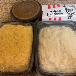 KFC - Mashed Potatoes (100oz), Gravy and Mac & Cheese (100oz), 12 biscuits.