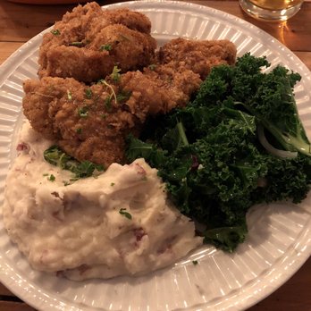 The Hideout Kitchen - Honey Fried Chicken with Sautéed Kale and Mashed Potatoes (5 stars) - New American Near Me - Lafayette, California