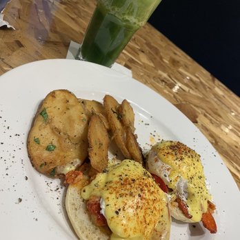 Eggspectation - Green light juice  with Lobster egg Benny - Breakfast & Brunch Near Me - Newark, Delaware