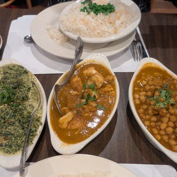 Namaste - Left: Saag (Spinach) Paneer (Cheese @homemade) Center: Fish Curry Right: Channa (Garbanzo) Masala - Indian Near Me - Rio Rancho, New Mexico